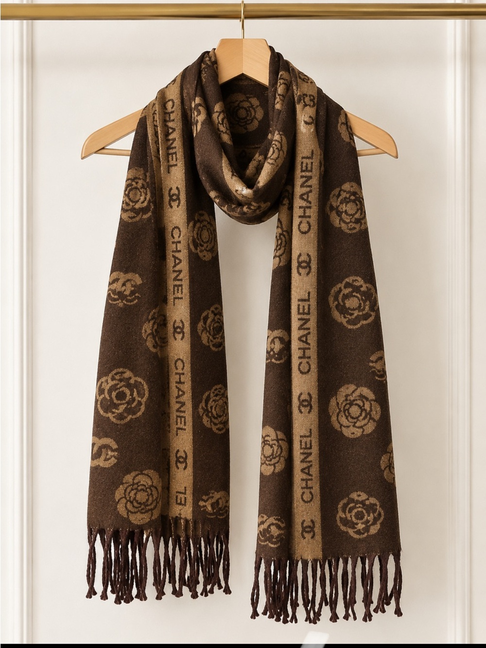 New cashmere/silk Two-Tone Brown Camellia Logo Scarf